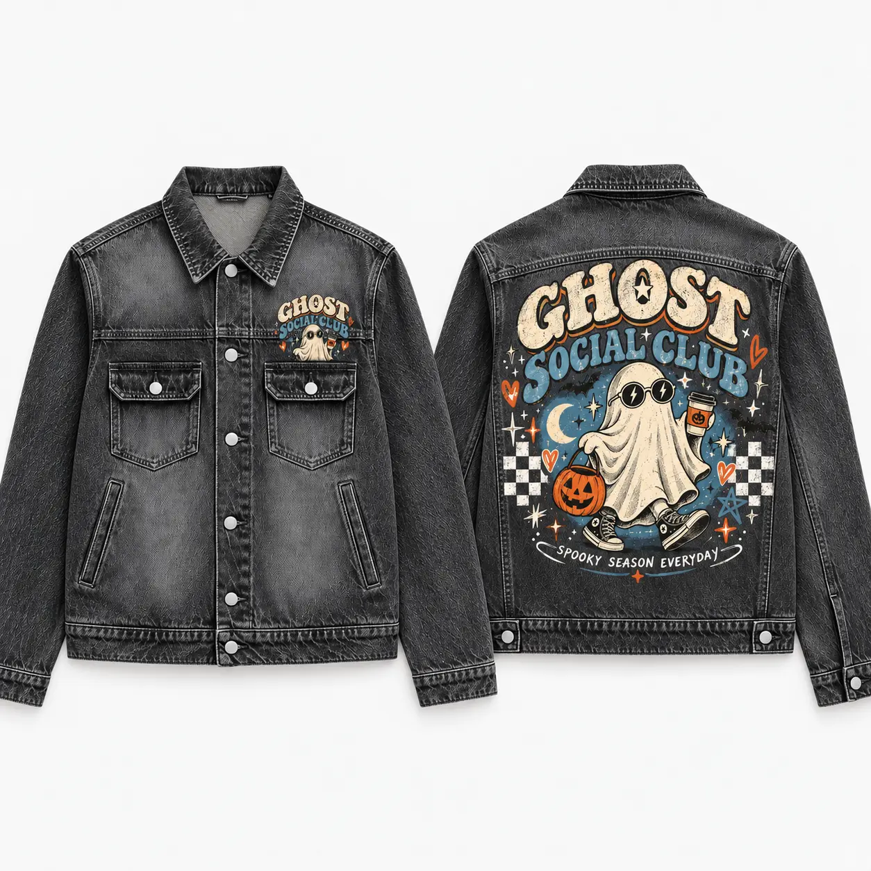 Women's Cute Ghost Denim Jacket - Sunglasses Ghost, Pumpkin Bucket Back Print, Retro Spooky Season Style Womenswear Coats Vibe Unisex Streetwear Statement