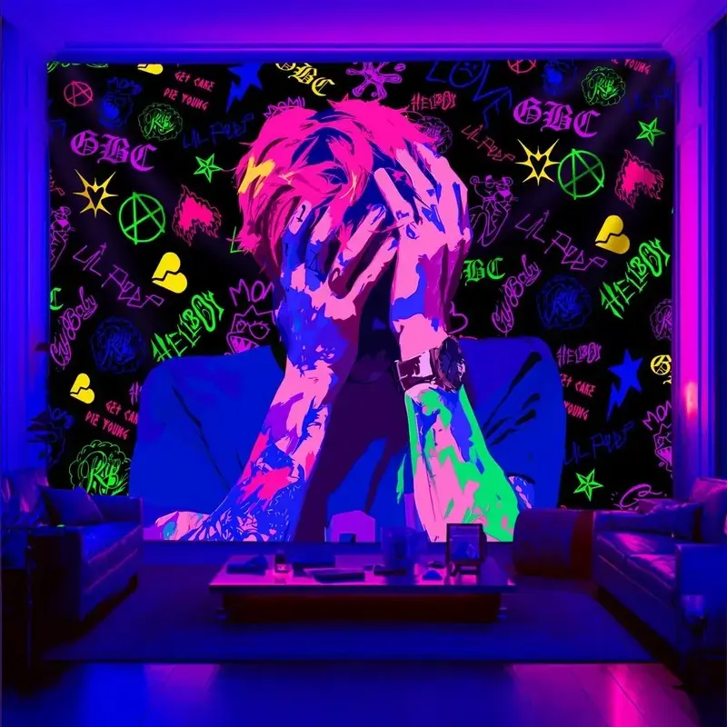 Lil Peep Neon Hip Hop Music Tapestry, Blacklight Style Printed Polyester Wall Hanging Decor, Bedroom Dorm Room Music Banner  Bản SEO mạnh hơn: