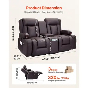 VEVOR Loveseat Recliner Sofa, Power Reclining Couch with Heating Massage and Timer, PU Leather Electric Recliner Sofa with Center Console, USB Ports, Cup Holders and Side Bags for Living Room