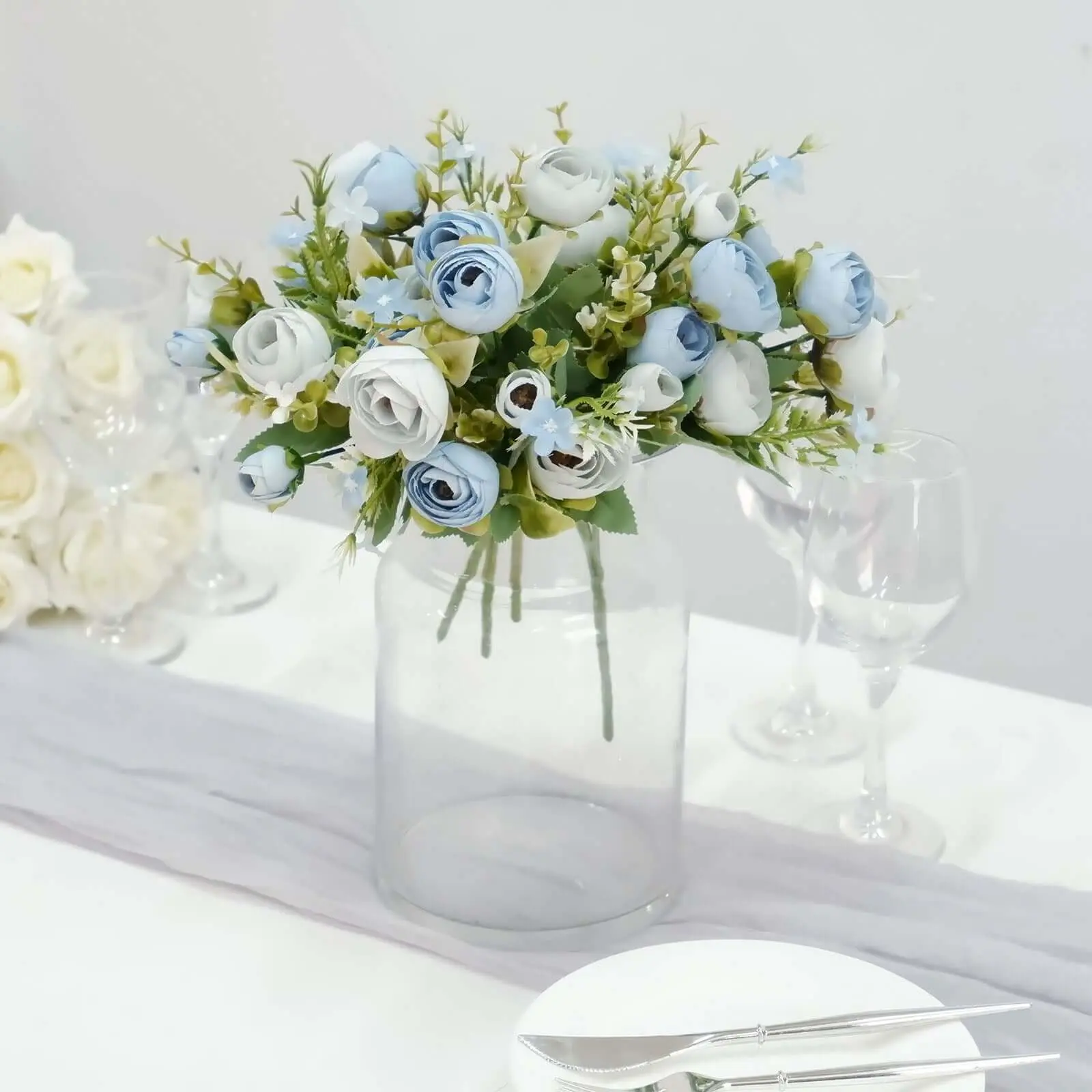 4-Pack 12" Dusty Blue Artificial Ranunculus Silk Flower Bridal Bouquets - Faux Buttercup Floral Arrangement, Artificial Flower Set for Home Decor, Room Decor, Ornaments