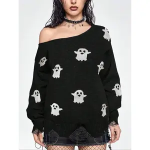 Plus Size Cartoon Ghost Print Ripped Drop Shoulder Sweater, Casual Long Sleeve Round Neck Jumper for Fall & Winter, Women's? Knitwear? for Daily Wear