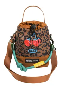 High-Quality Leopard Print Strawberry Print Bucket Bag, Adjustable Strap, Drawstring Closure, Versatile Crossbody Shoulder Bag