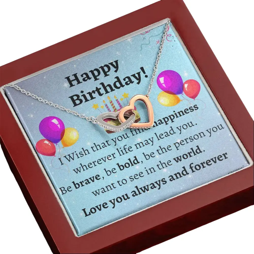Birthday Gift Necklace with Message Card – Interlocking Hearts CZ Necklace, Meaningful Birthday Jewelry for Her, Ready-to-Gift
