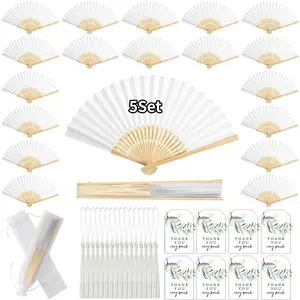 5-Piece Wedding Fan Set, Bamboo Handheld Fans with Thank You Cards, Tassels, and Gift Bag, Perfect for Wedding Guests, Party Gifts, Bride Events