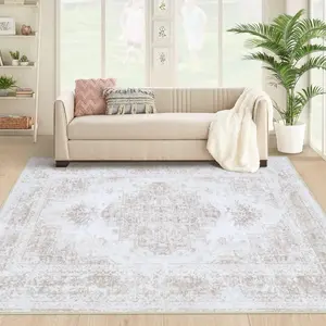 Vintage Distressed Medallion Area Rug – 4x6 Machine Washable, Beige Non-Slip Low Pile Indoor Carpet for Bedroom, Kitchen, Dining Room, Office