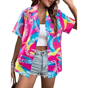 80s 90s Outfits for Women Retro Theme Party Disco Shirt 80s Hawaiian Shirt Neon Button Down Short Sleeve Blouse TopsGift