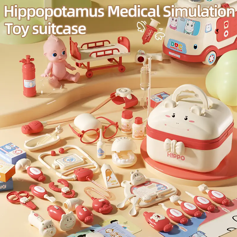 Kids Doctor Pretend Play Set with Storage Case - Hippo Themed Medical Toy, Realistic Light & Sound Stethoscope, Blood Pressure Monitor, Doll, Medical Bed - Educational Gift for Ages 3-8 Boys Girls