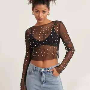 Women’s T-shirt, long sleeves, crew neck, sheer, embellished with pearls, slim fit—ideal for club outings GARMENTARY