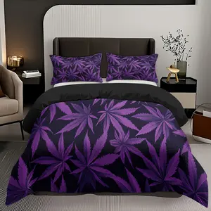 3-Piece Comfortable Purple Leaf Pattern Duvet Cover Set, High-Definition Digital Printing, Soft and Breathable 100% Polyester Fiber, Perfect Gift for Family and Friends, Suitable for All Seasons, Machine Washable (1 Duvet Cover + 2 Piqueen  comforter  set