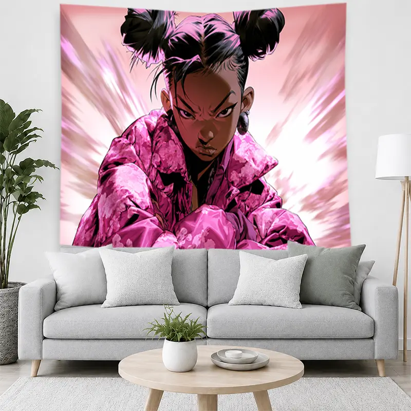 Bold Anime Girl Portrait Tapestry - Pink, Black and White Streetwear Wall Hanging with Fierce Urban Graphic Fabric, Decor for Bedroom, Living Room, Home Gift