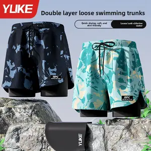 Adult double-layer swimming trunks men's flat-angle five-point swimsuit anti-embarrassment new professional beach adult swimming equipment