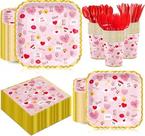 168pcs Valentine's Day Decorations Valentine Papaer Plates Napkins Red Heart Square Valentine's Party Supplies Tableware for Engagements Weddings Anniversary Serve 24 Guests