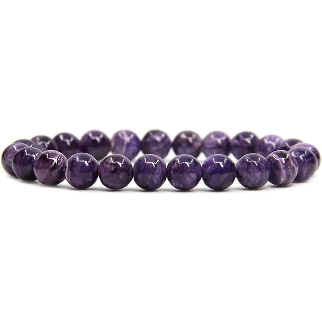 Natural Russian Charoite Gemstone 8mm Round Beads Stretch Bracelet 7" Unisex