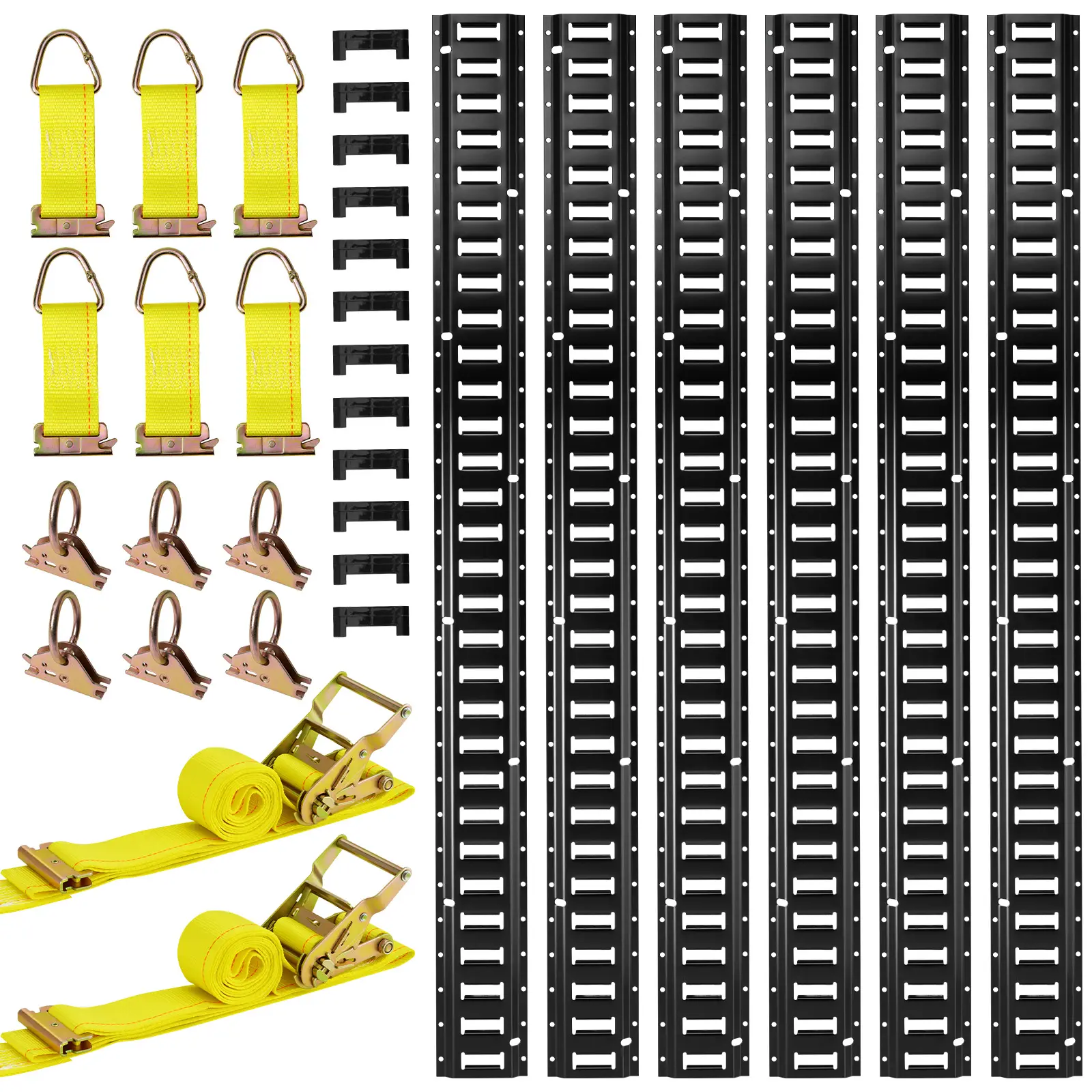 【Summerfinds】VEVOR E-Track Tie-Down Rail Kit,6 Pack 5 ft E Track Rails26 Pcs Includes 2 Ratchet Straps & 6 O-Rings & 6 Tie-Offs with D-Ring & 12 End CapsFit for Garages Vans Trailers Motorcycles