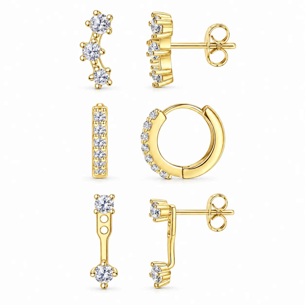 CZ Earring Set for Women, 3 Pairs of Huggie Hoops, Ear Climber Studs and Adjustable Ear Jackets, Jewelry Gift for Birthdays and Holidays
