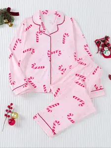 Girls' Christmas Pajama Set, Long Sleeve Shirt & Elastic Waist Pants, Cute Gingerbread Man Print, All Seasons Wear, Pajamas Christmas