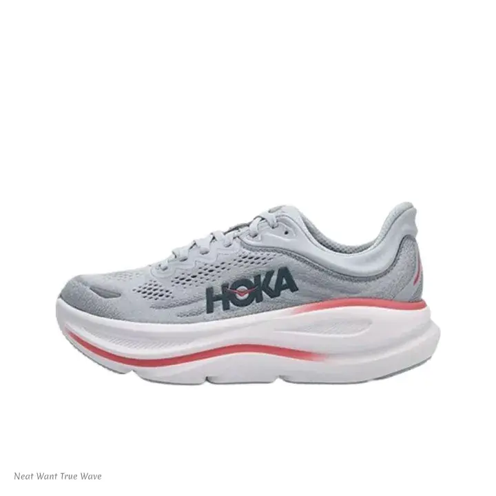 Low-Profile Running Shoes with Light Grey Knit Upper and Coral Red Accent Midsole