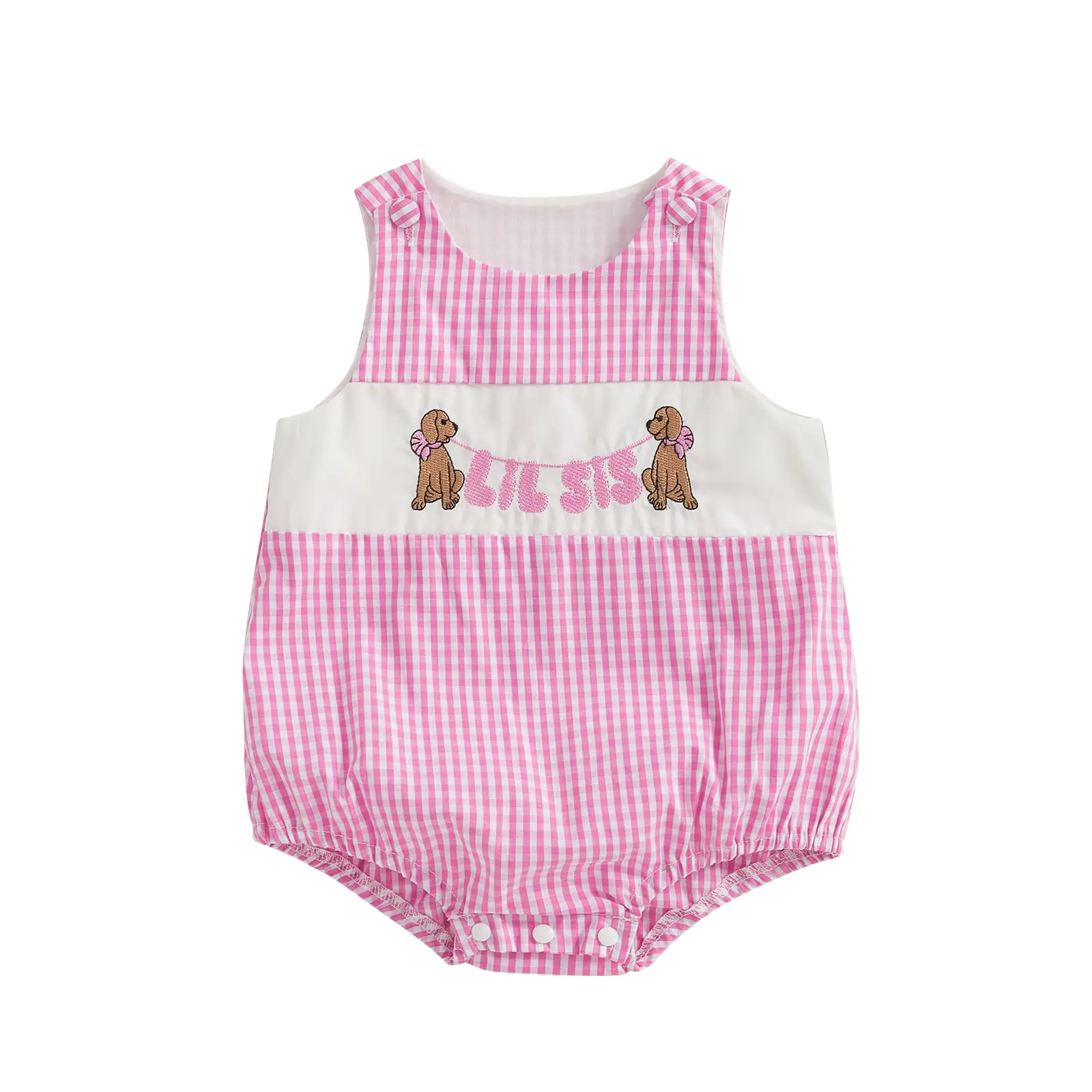 Newborn Baby Girls Romper Sleeveless Puppy Lil Sis Embroidery Plaid Onesie Bodysuit Dog Shorts Overalls Summer Jumpsuit Outfits #Springtok