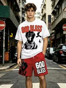 Y2K Style Unisex 2-Piece Set, God Bless Print Short Sleeve T-Shirt & Trendy Shorts, Streetwear, Faith Culture, Men's Gift, Couple