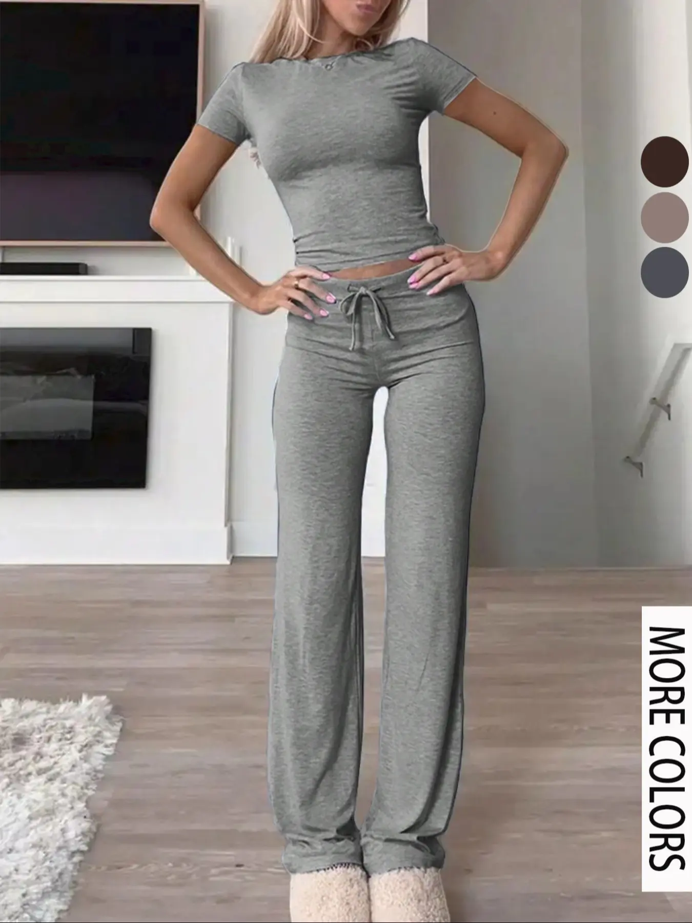 Women's Two-Piece Short Sleeve Round Neck T-Shirt and Slim Straight Leg Pants Set for Daily Wear, Y2K Solid Color Casual Outfit