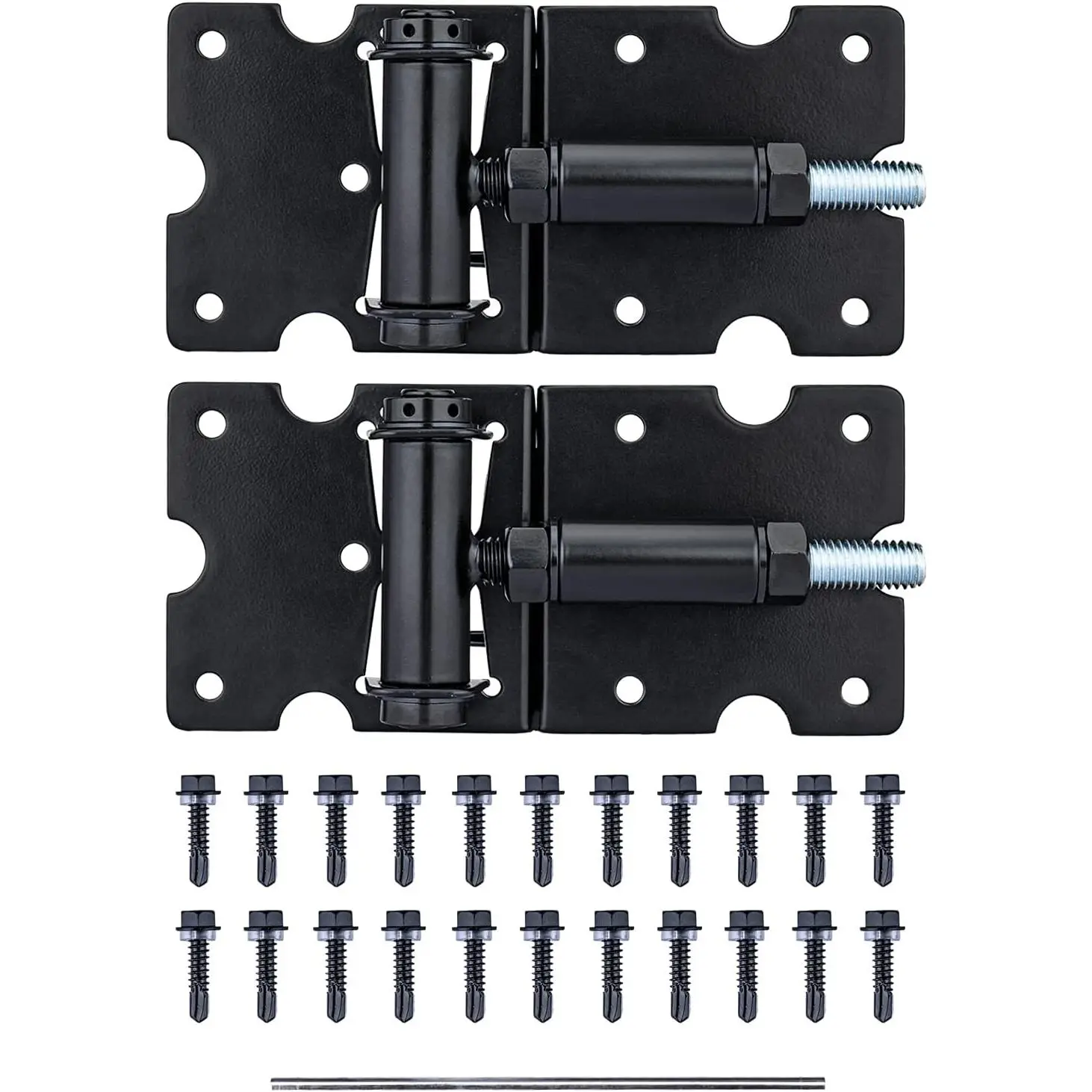 Heavy Duty Metal Gate Hinges (Pack of 2) - Cast Iron, Heavy-Duty Steel, Reinforced Steel, Self-Locking, Automatic Closing, Adjustable, Horizontal Adjust, for Vinyl/Wood Fences, Includes Screws & Tool, All Seasons