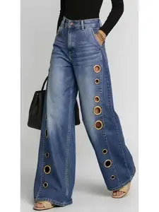 Women's High-Waisted Wide Leg Denim Jeans, Eyelet Hollow-Out Sides, Ripped, Carrot Fit, Loose Street Style Trousers