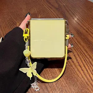 Korean Butterfly Pendant Transparent Yellow Case with Leather Rope for Samsung Galaxy Z Flip 7 Z Flip6 ZFlip 5 Flip7fe Cover