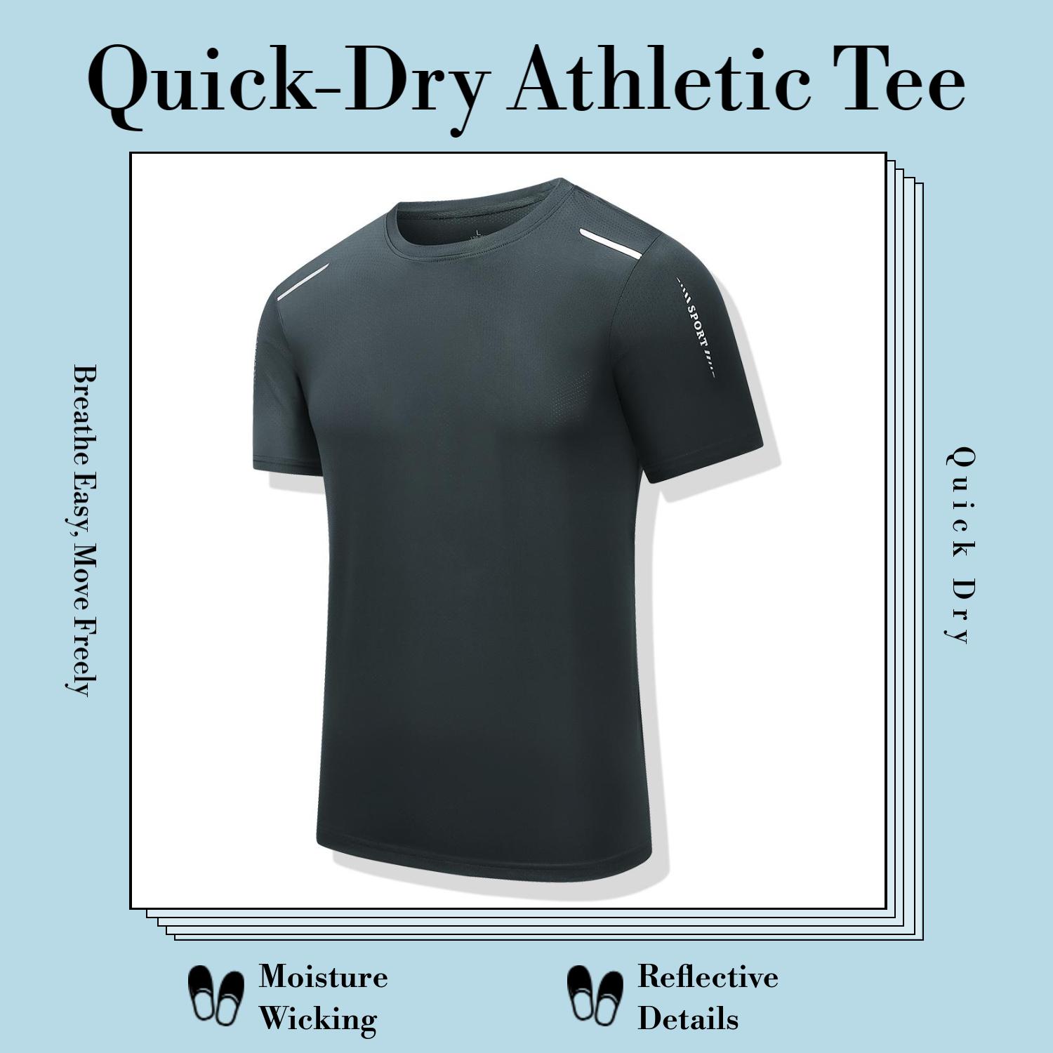 Men's Quick Dry Breathable Summer Athletic T-Shirt, Lightweight Moisture Wicking Crew Neck Short Sleeve Workout Top, Comfortable Elastic Activewear with Reflective Details, Versatile Gym Running Training Hiking & Daily Wear Tee for Men