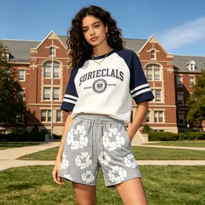 Denim Tears 2026 Women's 2-Piece Set: Floral Print Pocket Tee & Elastic Waist Sweatpants Shorts | Comfortable & Cute Sportswear | Unisex Casual T-Shirt & Beach Shorts