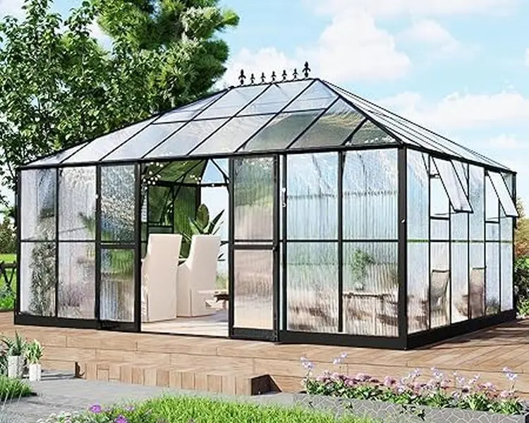 Amerlife Polycarbonate Garden Greenhouse - 6 FT Wall Height Heavy Duty Outdoor Aluminum Greenhouse with 2 Ventilations, Rain Gutter, Double Doors and Hook, Heavy Duty Greenhouse