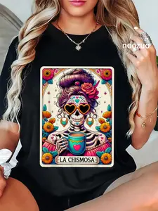 100% Cotton Unisex La Chismosa Tarot Card Mexican Chisme Latina Skeleton T-Shirt Casual Top