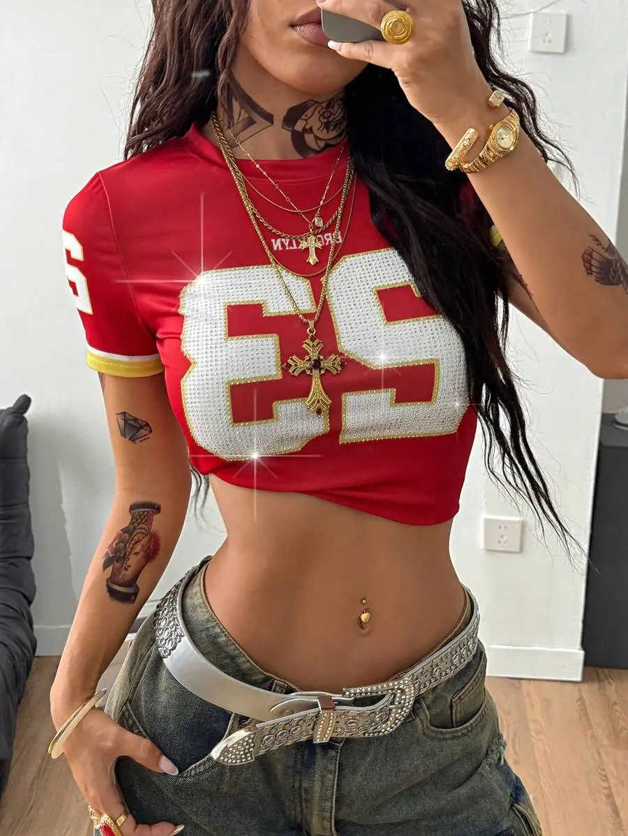 reppy Y2K Sparkly Rhinestone Slim Fit Number Pattern Red Jersey T-Shirt for Women Summer Streetwear Going Out Top
