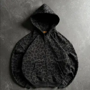 Streetwear Leopard Print Zipper Hoodie, Retro Unisex Boxy Fit Sweatshirt, Dark Fitted Pullover for Casual Wear