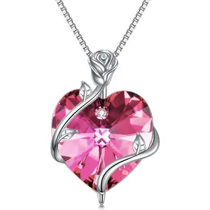 TOUPOP Heart Birthstone Necklace for Women 925 Sterling Silver Rose Flower Pendant Necklaces Heart Crystal Jewelry Birthday Christmas Gifts Women Girlfriend Wife Mom