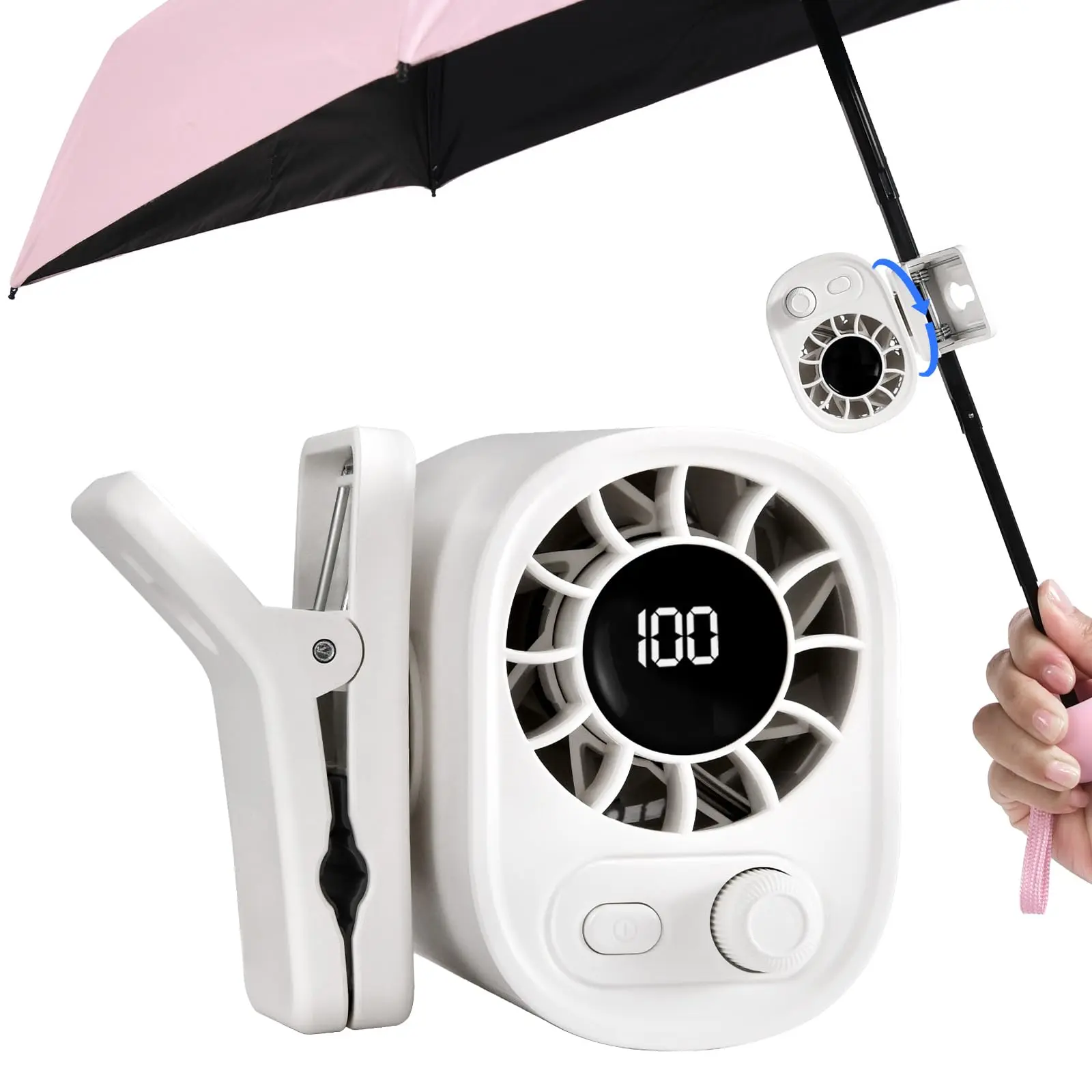 Portable Adjustable Clip-On Umbrella Fan - Ultra-Light 0.28 Lb Gadget, 100-Speed Stepless Adjustment, Mobile Rechargeable Aesthetic Personal Fan for Beach, Outdoor Sports & Camping Essentials