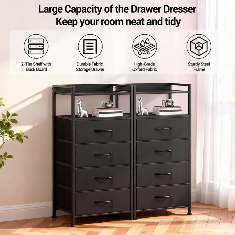 Bedside Table, Side End Table with 4 Fabric Storage Drawers, Bedside Cabinet with Open Storage Shelf, Nightstand for Bedroom, Livingroom, Office, 41 * 29 * 83.5Cm, Black