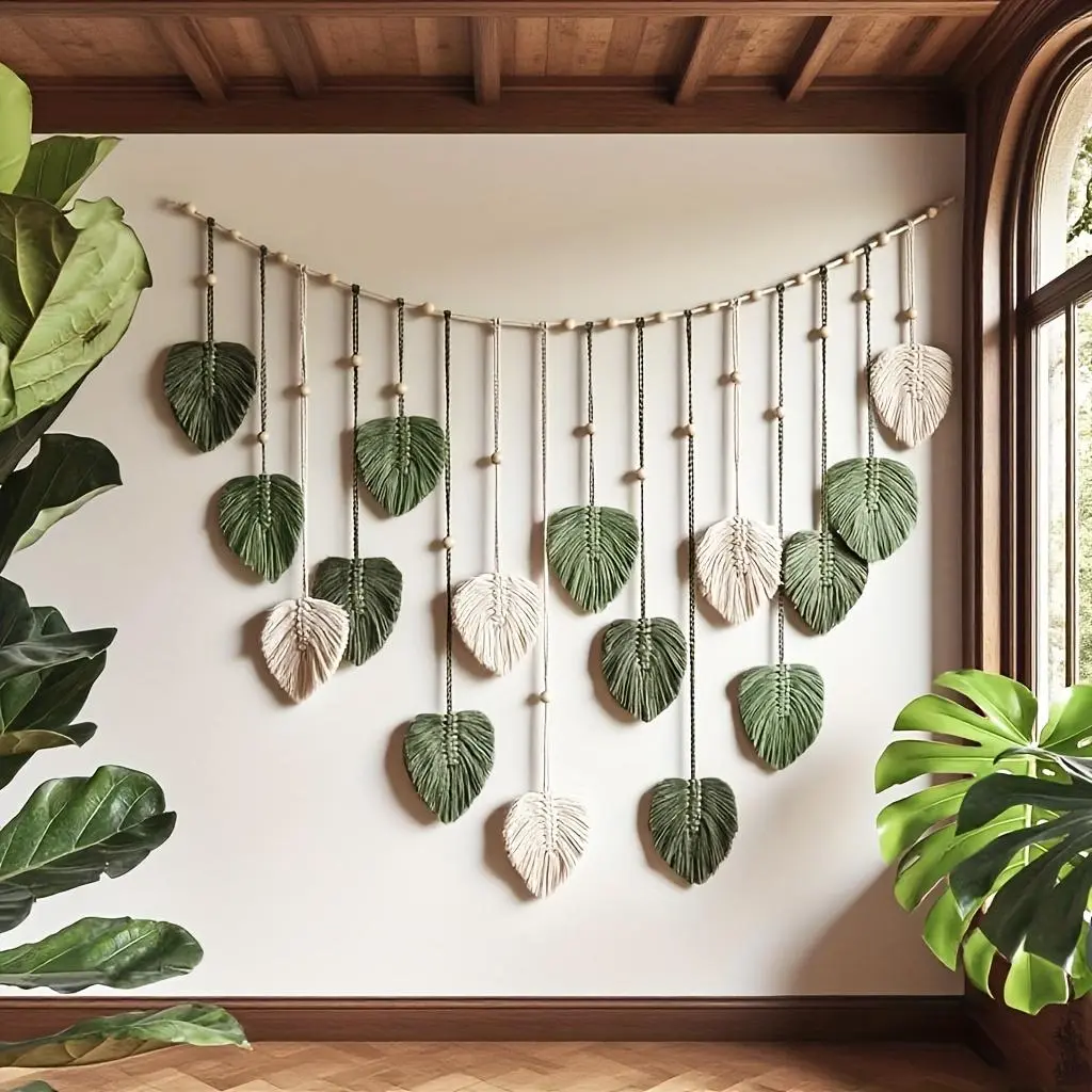 Hangable Macrame Feather Wall Hanging - 1 Count Boho Leaf Design Tapestry, Home Decor Accessory, Wall Art for Interior Gifting