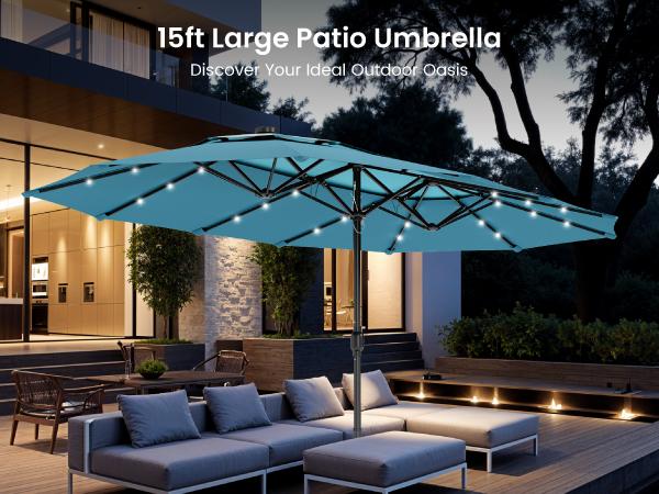 [5 New Colors] PHIVILLA 15ft Patio Umbrella with Base, Double Top Design, Double-Sided Outdoor Market Extra Large Umbrella with Crank, Umbrella Base Included