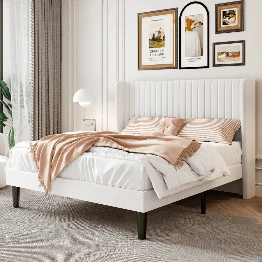 Full/Queen/King Size Velvet    Vertical Channel Tufted Wingback Headboard, Upholstered Platform   Wood Slats, No Box Spring Needed, Easy Assembly, Teal |     White |     Black |     Blue |     Green |     Teal *   Queen Queen     Full Bed with Frame