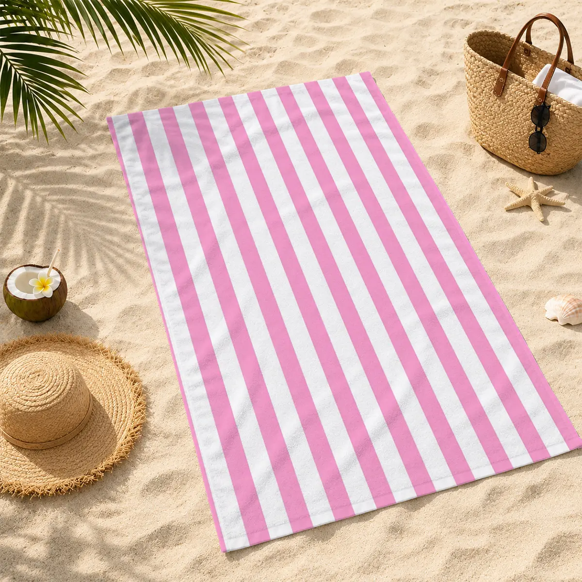 Pink & White Striped Beach Towel, Classic Cabana Stripe Microfiber Quick Dry Sand-Free Beach Towel, Soft Absorbent Pool Towel for Beach, Travel & Vacation, 20×40in / 28×55in / 31×71in