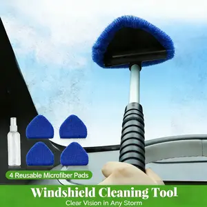 Windshield Cleaner Tool, Microfiber Car Window Cleaning Tool with Extendable Handle and 4 Cloth Pads, Interior/Exterior Glass Wiper Car Glass Cleaner Kit, Car Detailing Accessory, Car Cleaning Supplies