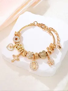 Y2K Cross Heart Virgin Mary Pendant Bracelet, Rhinestone Star Charm, Fashionable Gift Jewelry, Simple and Stylish Hand Accessory
