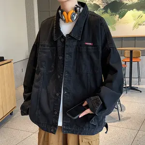 Men's Oversized Loose Fit Black Workwear Denim Jacket, Retro Durable Trendy Brand Coat