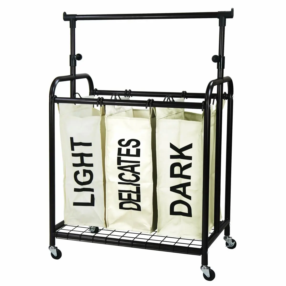 212 MAIN 3-Bag Rolling Laundry Sorter - Metal Steel Cart with Wheels, Adjustable Hanging Bar, White Single-Unit Laundry Organizer for Sorting Load Types, Organizing Laundry Types