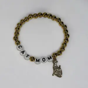 Pet Lovers Beaded Bracelet, 18k Gold Filled, Cat Mom, Dog Mom, Custom Pet Name Bracelets, Stretchy Bracelet