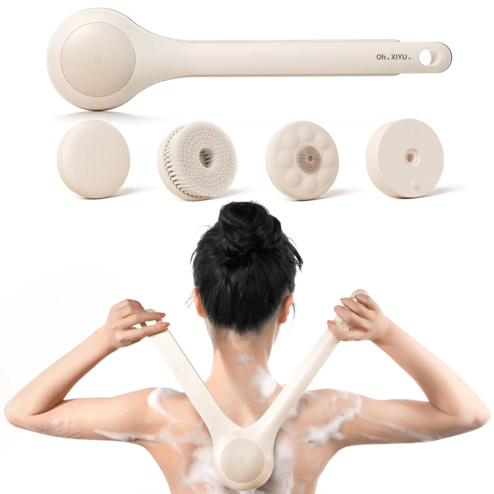 XiyuYouth Motorized Silicone & Bristle Electric Body Brush with Dual-Handle - Waterproof Spin Shower Exfoliator, Bacne Treatment, Home SPA Bath Scrubber Set, LR Batteries-Powered Back Care Tool, Motor, Exfoliating