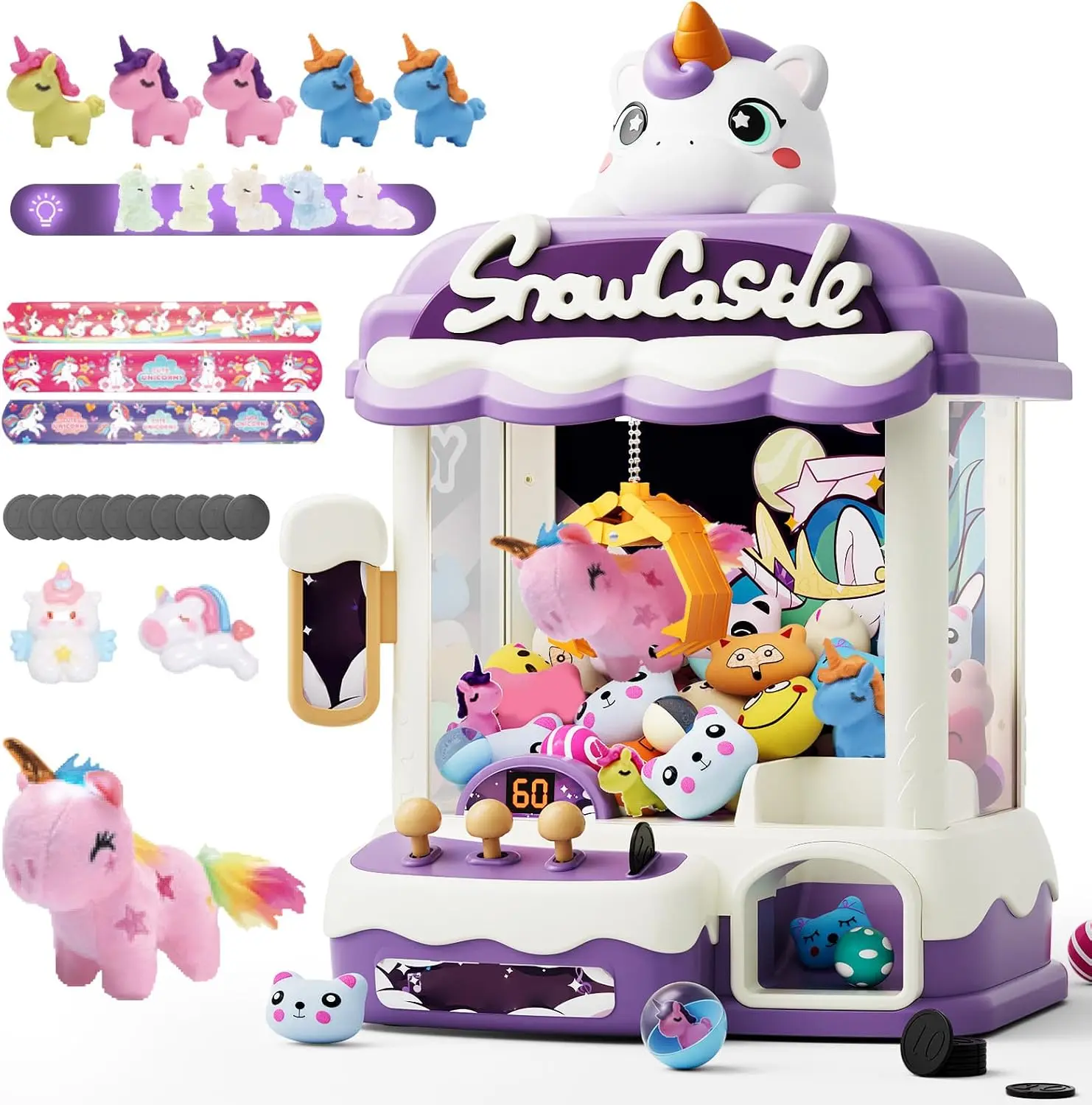Skirfy Mini Unicorn Claw Machine for Kids Ages 6+, Classic Arcade Prize Grabber Toy with 25+ Prizes, Adjustable Volume, 60-Second Timer, Coin Play & Strong Claw,familyfun