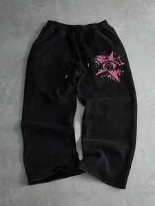 Unisex Retro Washed Eye Star Graphic Print Loose Men's Sweatpants, Elastic Drawstring Waist, Pockets, Y2K Street Style, All Seasons