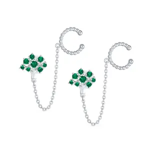 Green CZ Ear Cuff Chain & Stud Tree of Life Earrings .925 Sterling Silver For Pierced Ear