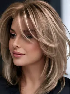 Fashionable New Medium-Length Brown Wigs with Bangs and Highlights Synthetic Material Wigs Women's Wigs for Ordinary Work, Life, Dance Parties and All Occasions Stylist Friendly Wig